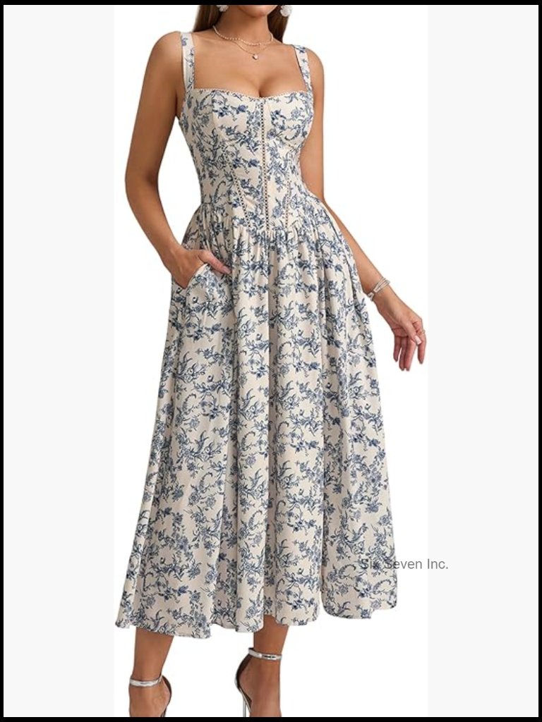 Floral Corset Midi Dress With Pockets, Smocked Back, Sweetheart Neck